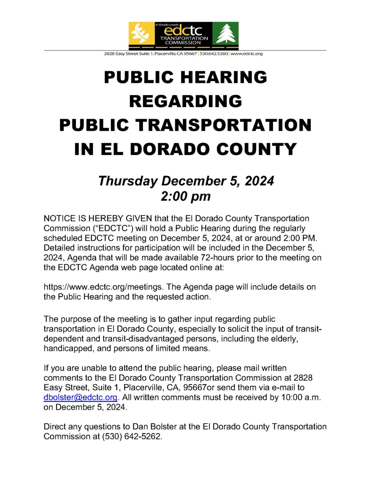 EDCTC Public Hearing On Unmet Transportation Needs | El Dorado Transit